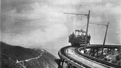 Black and white photo of Mount Lowe Railway train in 1893, Angeles National Forest