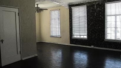 Empty living room/dining room in an apartment in a 1920s apartment house, Los Angeles, California.