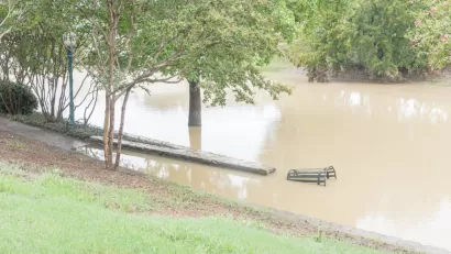The trees, benches, and other landscape elements of a park are submerged in brown flood waters.