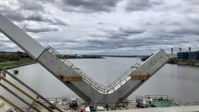 A piece of the Frederick Douglass Memorial Bridge while under construction.