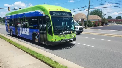 Green and blue GRTC Pulse bus in Richmond, Virginia