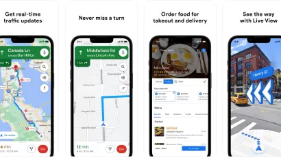 A series of screengrabs illustrating the functionality of Google Maps.