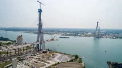 Construction in progress on the Gordie Howe International Bridge above the Detroit River.