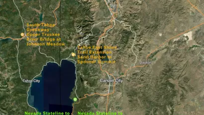 Satellite map of Lake Tahoe area indicating upcoming bikeway projects