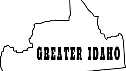 A hypothetical map of the state of Idaho, expanded by annexing a large portion fo Oregon. The map is emblazoned with the words “Greater Idaho.”