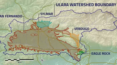 A map showing the extent of the San Fernando Valley Groundwater Basin in the northern reach of the city fo Los Angeles, along with a few other, smaller, adjacent groundwater basins.