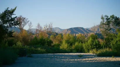 View of mountains with large shrubs in foreground in Altadena, California.