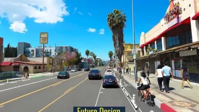 Rendering of protected bike lanes on Hollywood Boulevard in 'Thai Town' area of Los Angeles.