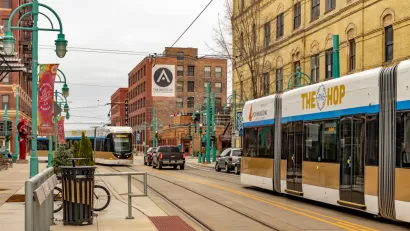 public transit streetcar at Milwaukee Public Market, Third Ward Station in Downtown Milwaukee.