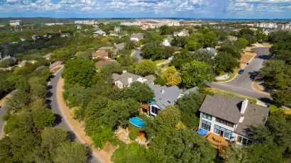 An aerial view of a typical suburban neighborhood in Texas.