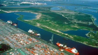 Aerial view of Houston Ship Channel with container ships