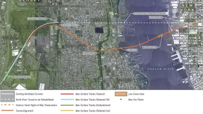 Map of proposed alignment of new Hudson Tunnel between New Jersey and New York City