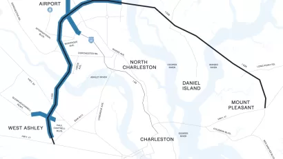 A map of the planned West I-526 Lowcountry Corridor project in North Charleston, South Carolina.