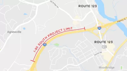 A map of the area of Virginia near Occoquan, Virginia shows. stretch of Interstate 95 that will be widened.