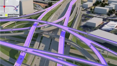 Rendering of proposed express lanes on I-285 in Atlanta, Georgia highlighted in bright purple.