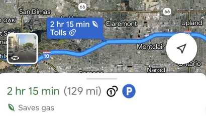 Google maps directions showing "saves gas" route