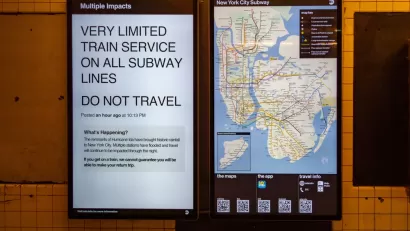 A sign indicates closures on the New York Subway as the result of heavy rainfall from the remnants of Hurricane Ida.