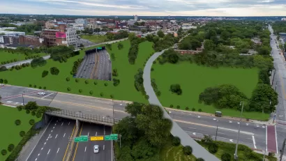 A conceptual rendering of a freeway cap built over the Innerbelt Freeway in Cleveland,