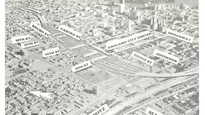 A historic image of the various highways and transportation modes planned around the create of Interstate 980 in Oakland, California.