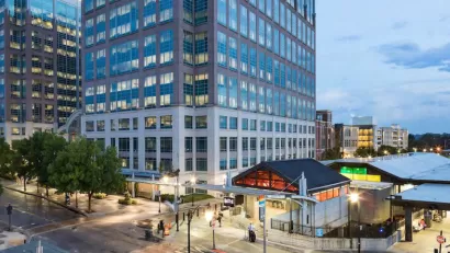 Rendering of TOD with two glass towers abovw MARTA transit station in Kensington near Atlanta, Georgia.