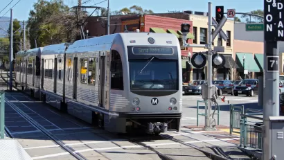A Gold Line AnsaldoBreda P2550 train enters Mission Station in South Pasadena on February 25, 2012.