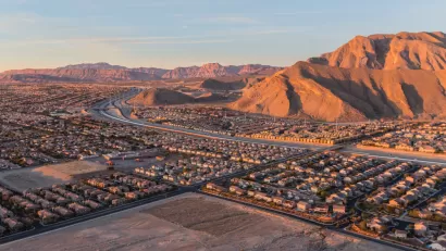 Early morning view of new neighborhoods and Route 215 from the top of Lone Mountain in Northwest Las Vegas.