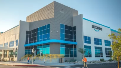 The exterior of a large Amazon distribution center located in Las Vegas, Nevada.