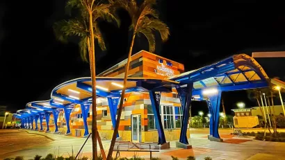 Colorful Lauderhill Transit Center at night.