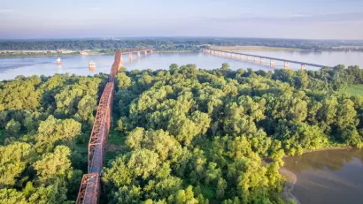 Two bridges cross the Mississippi Rivera midst thick vegetation and few other signs of human intervention.