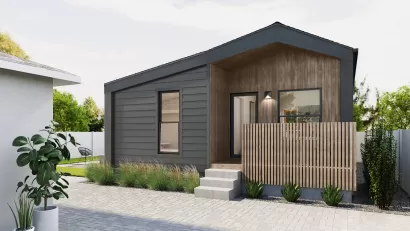 Rendering of modern black and brown one-story backyard home design