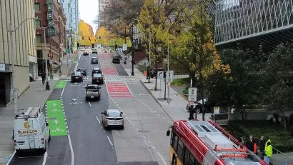 View of Madison St dedicated bus lane in Seattle, Washington.