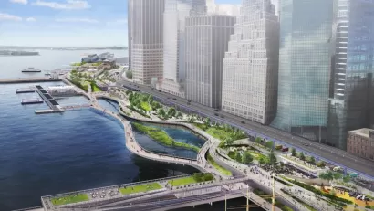 A conceptual rendering showing an extended shoreline, filled with green park space, along the shore of Lower Manhattan.