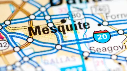 A map showing the city of mesquite with surrounding freeways, roads, and cities.