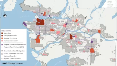 A map of transit-rich areas and urban centers in the Vancouver, British Columbia region.