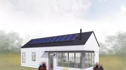 Rendering of white cottage-style ADU