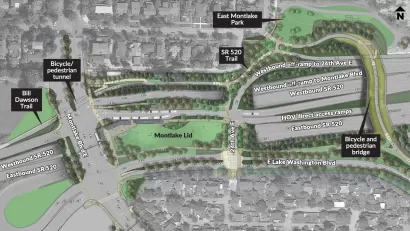 A rendering showing a planned freeway improvement project that will create a "lid" over State Route 520 for use as public open space.