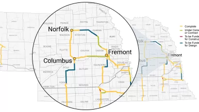 A map showing planned and under-construction segments of roads in Nebraska.