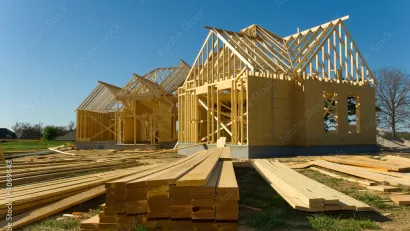 A new house is under construction with the walls and the roof installed but only the frames and trusses, respectively.