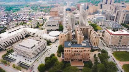 A view from above of the Oakland neighborhood in Pittsburgh.