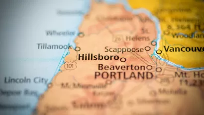 A map of the northwest corner of Oregon, focusing on the city of Hillsboro.