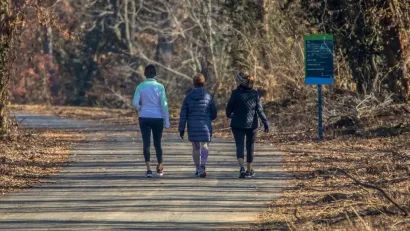 Three people walking away from camera on a park trail.