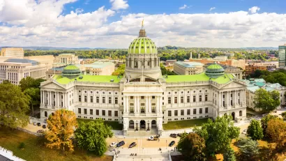 An aerial view of the Pennsylvania State Capitol building.