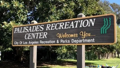 Sign for Palisades Recreation Center in Pacific Palisades, Los Angeles, California.