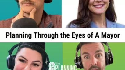 The Planning Commission podcast title card with headshots of three hosts and guest