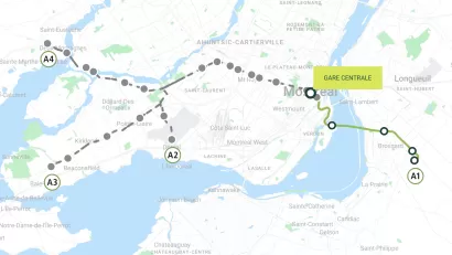A map of the Réseau Express Métropolitain where it cuts across the Montreal region.