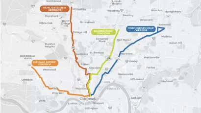 A map shows four proposed transit routes into and out of Cincinnati.