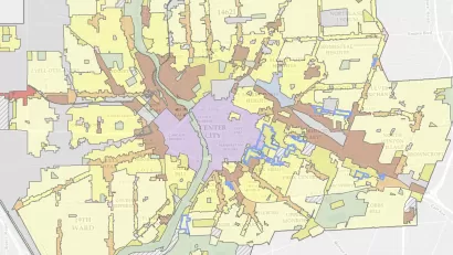 A map showing proposed zones for future development in the city of Rochester, New York.