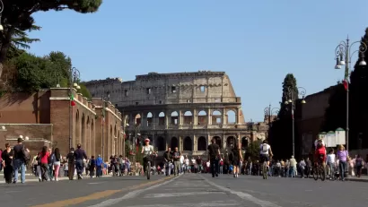 Colosseo in Rome as seen from Via dei Fori Imperiali on a Sunday when traffic is cut off.