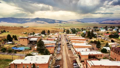 Aerial view of Broadway Street of Philipsburg, Montana, Philipsburg is a town in and the county seat of Granite County, Montana, United States.