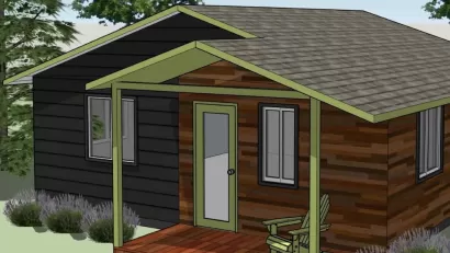 Rendering of cabin-style accessory dwelling unit with green trees in background.